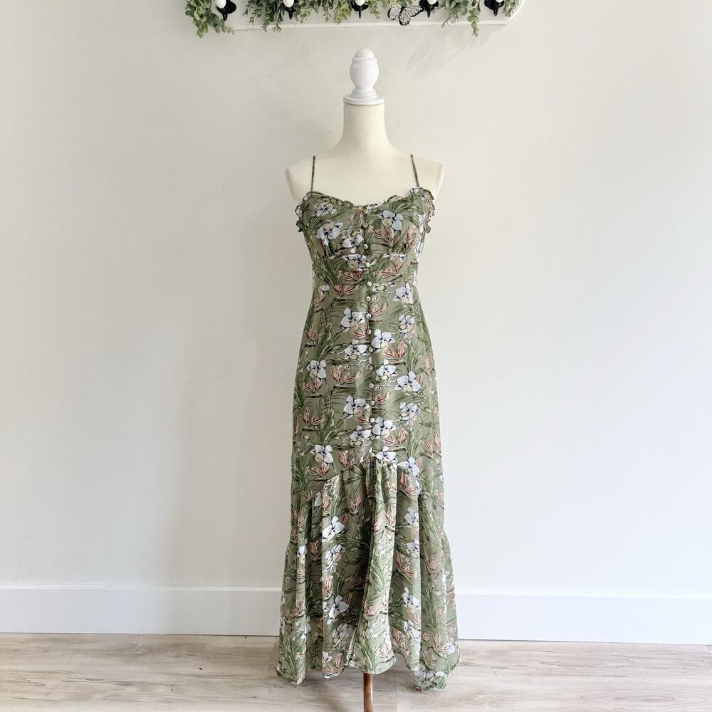 All In Favor Sage Green Floral Ruffle Hem Maxi Dress New Medium P4966